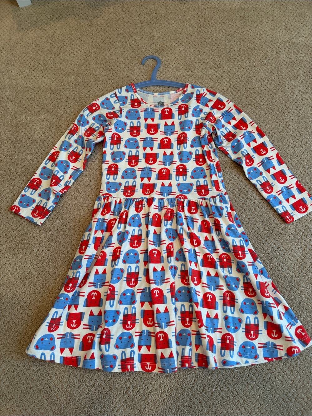 Girls Winter Water Factor Cat & Dog Red & Blue Print Long-Sleeve Knit Dress NWOT